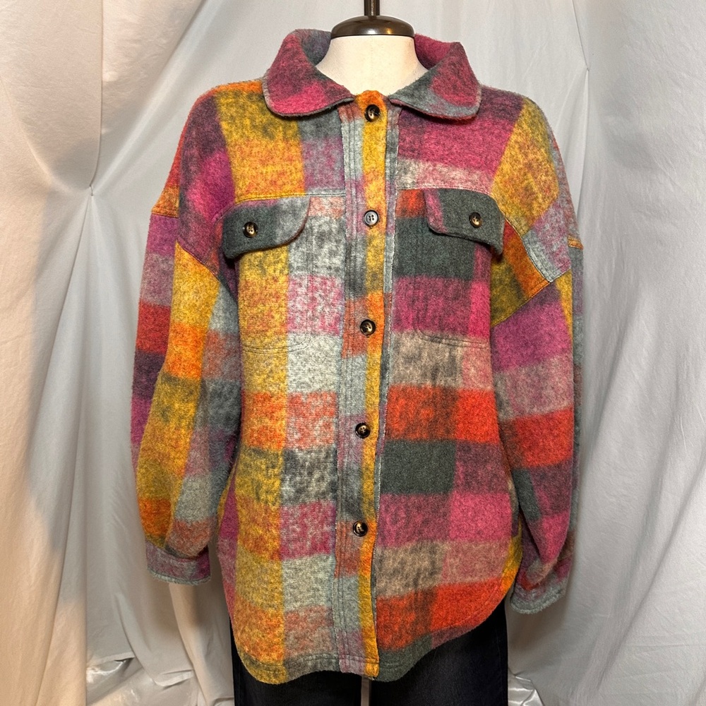 BiBi Oversized Plaid Shacket Brushed Multicolor Shirt Jacket Pink Orange Medium
